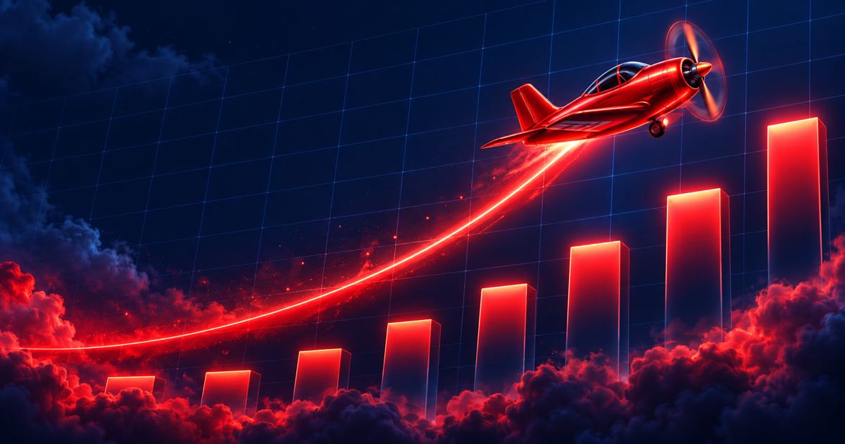 Avión rojo trazando una curva ascendente sobre un fondo oscuro con números de multiplicador